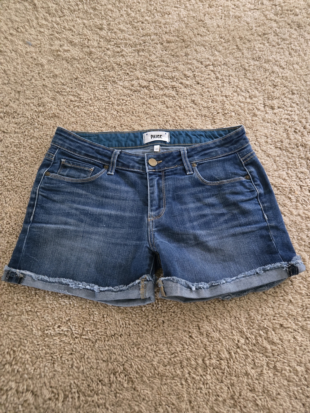 PAIGE Dark Blue Denim Cutoff Shorts with Frayed Hem 27